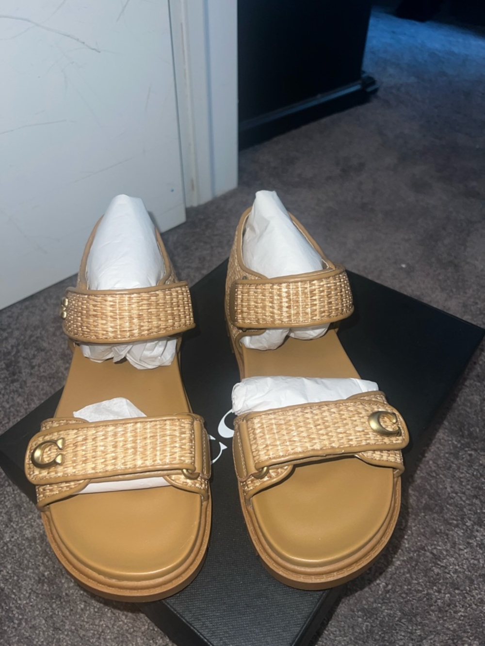 Coach Tan Woven-Strap Women’s Sandals with Gold Accents